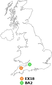 map showing distance between EX18 and BA2