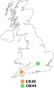 map showing distance between EX20 and OX44