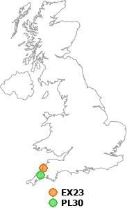 map showing distance between EX23 and PL30