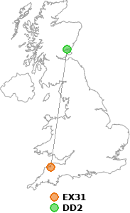 map showing distance between EX31 and DD2