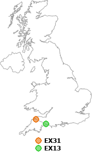 map showing distance between EX31 and EX13