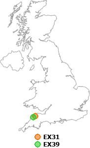 map showing distance between EX31 and EX39