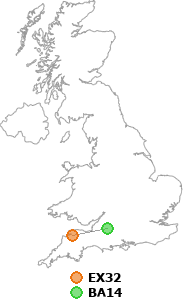 map showing distance between EX32 and BA14