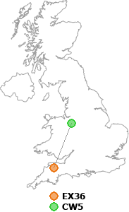 map showing distance between EX36 and CW5