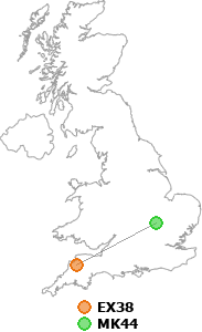 map showing distance between EX38 and MK44