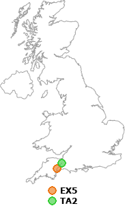 map showing distance between EX5 and TA2