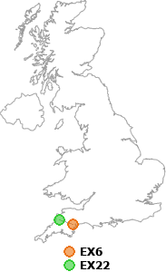 map showing distance between EX6 and EX22