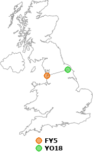 map showing distance between FY5 and YO18