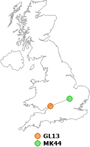 map showing distance between GL13 and MK44