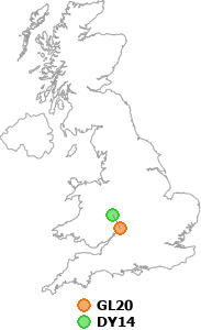 map showing distance between GL20 and DY14