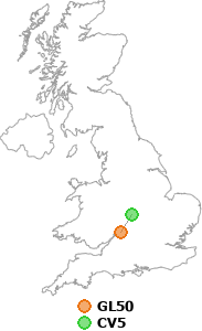 map showing distance between GL50 and CV5