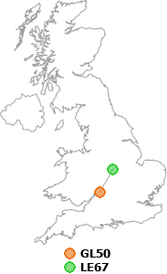 map showing distance between GL50 and LE67