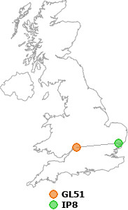 map showing distance between GL51 and IP8