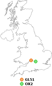 map showing distance between GL51 and OX2