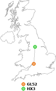 map showing distance between GL52 and HX3