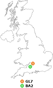 map showing distance between GL7 and BA2