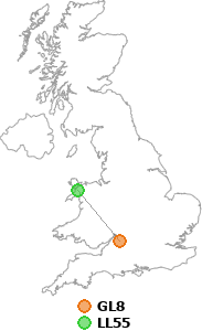 map showing distance between GL8 and LL55