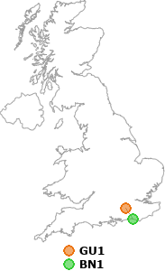 map showing distance between GU1 and BN1