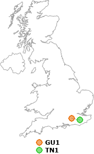 map showing distance between GU1 and TN1