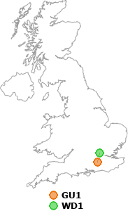 map showing distance between GU1 and WD1