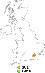 map showing distance between GU14 and TW18