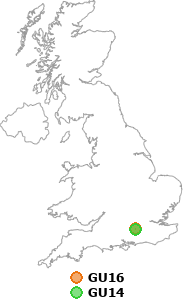 map showing distance between GU16 and GU14