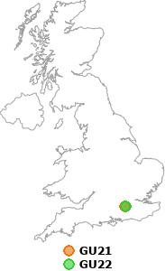 map showing distance between GU21 and GU22