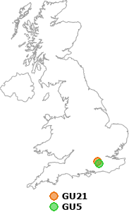 map showing distance between GU21 and GU5