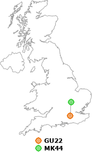 map showing distance between GU22 and MK44