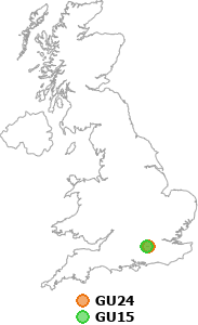 map showing distance between GU24 and GU15