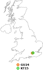 map showing distance between GU24 and KT15