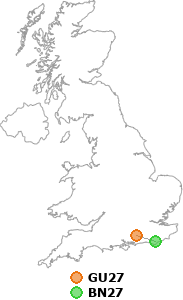 map showing distance between GU27 and BN27