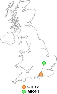 map showing distance between GU32 and MK44