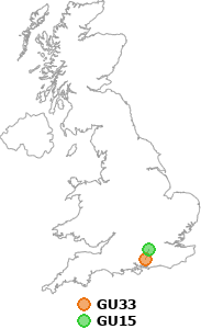 map showing distance between GU33 and GU15