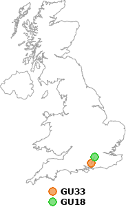 map showing distance between GU33 and GU18