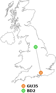 map showing distance between GU35 and BD2