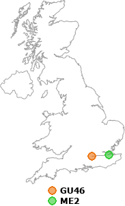 map showing distance between GU46 and ME2