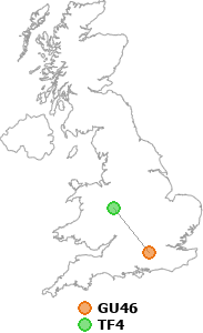 map showing distance between GU46 and TF4