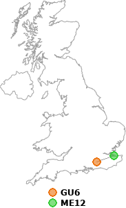 map showing distance between GU6 and ME12