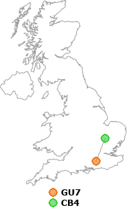 map showing distance between GU7 and CB4