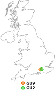 map showing distance between GU9 and GU2