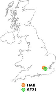 map showing distance between HA0 and SE21