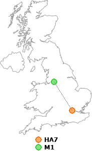 map showing distance between HA7 and M1