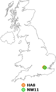 map showing distance between HA8 and NW11