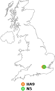 map showing distance between HA9 and N5