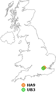 map showing distance between HA9 and UB3