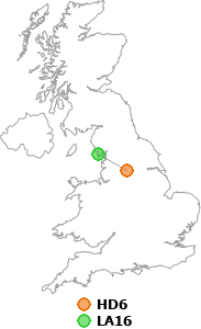 map showing distance between HD6 and LA16