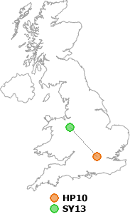 map showing distance between HP10 and SY13