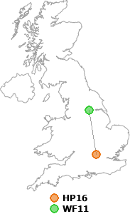 map showing distance between HP16 and WF11