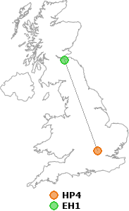 map showing distance between HP4 and EH1